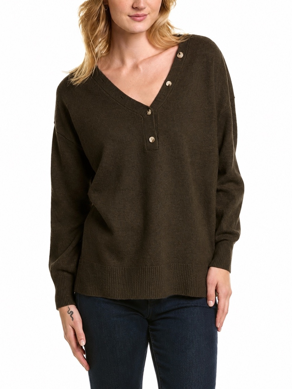 Oat New York Wool Blend Henley Button Neck Sweater M Green